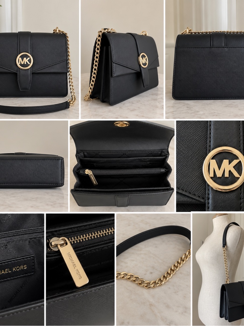 Michael Kors Black Leather Crossbody with Gold Chain